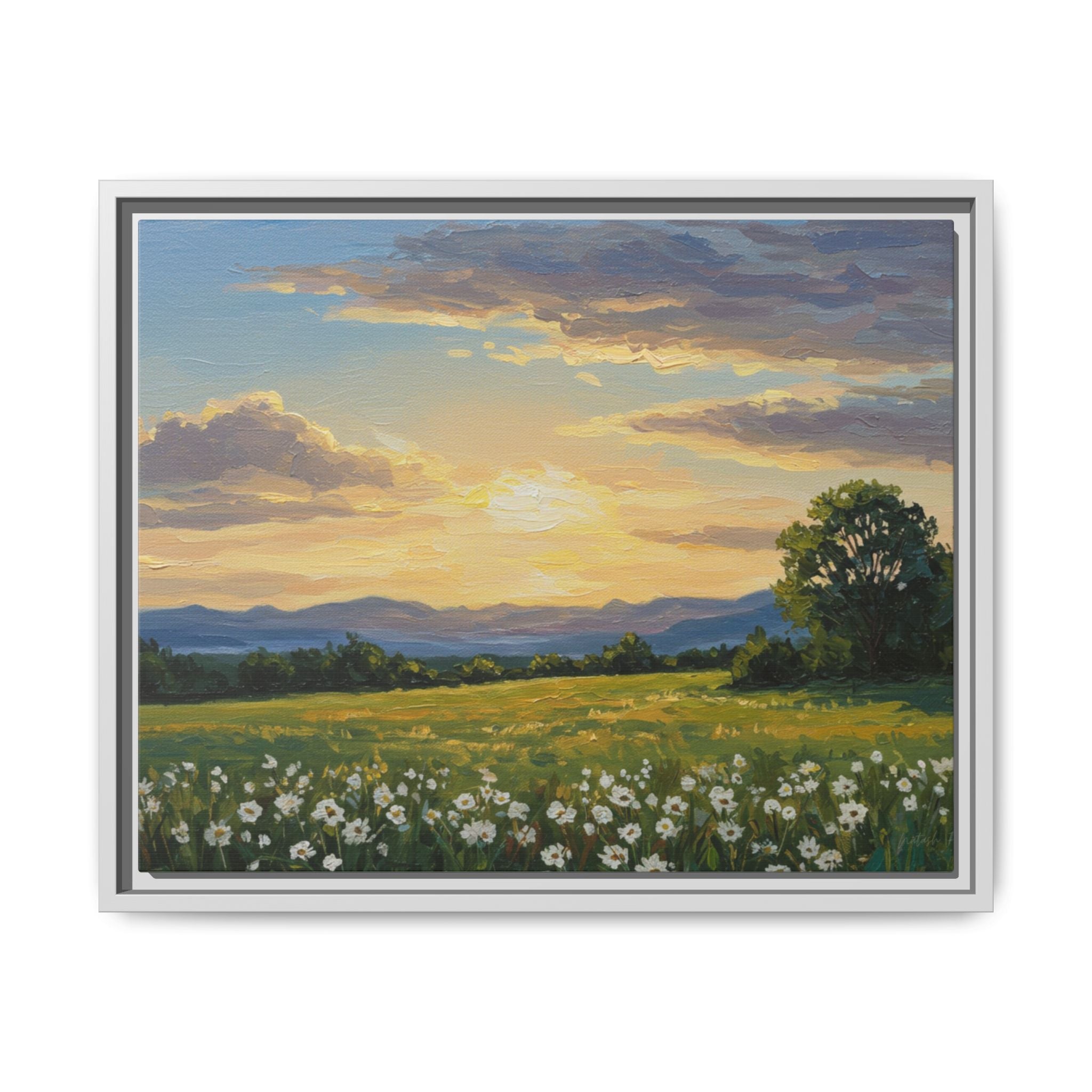 Framed Art Print, Landscape Wall Decor, Nature Artwork, Gift for Home, Floral Canvas, Sunset Scene, Living Room Decor