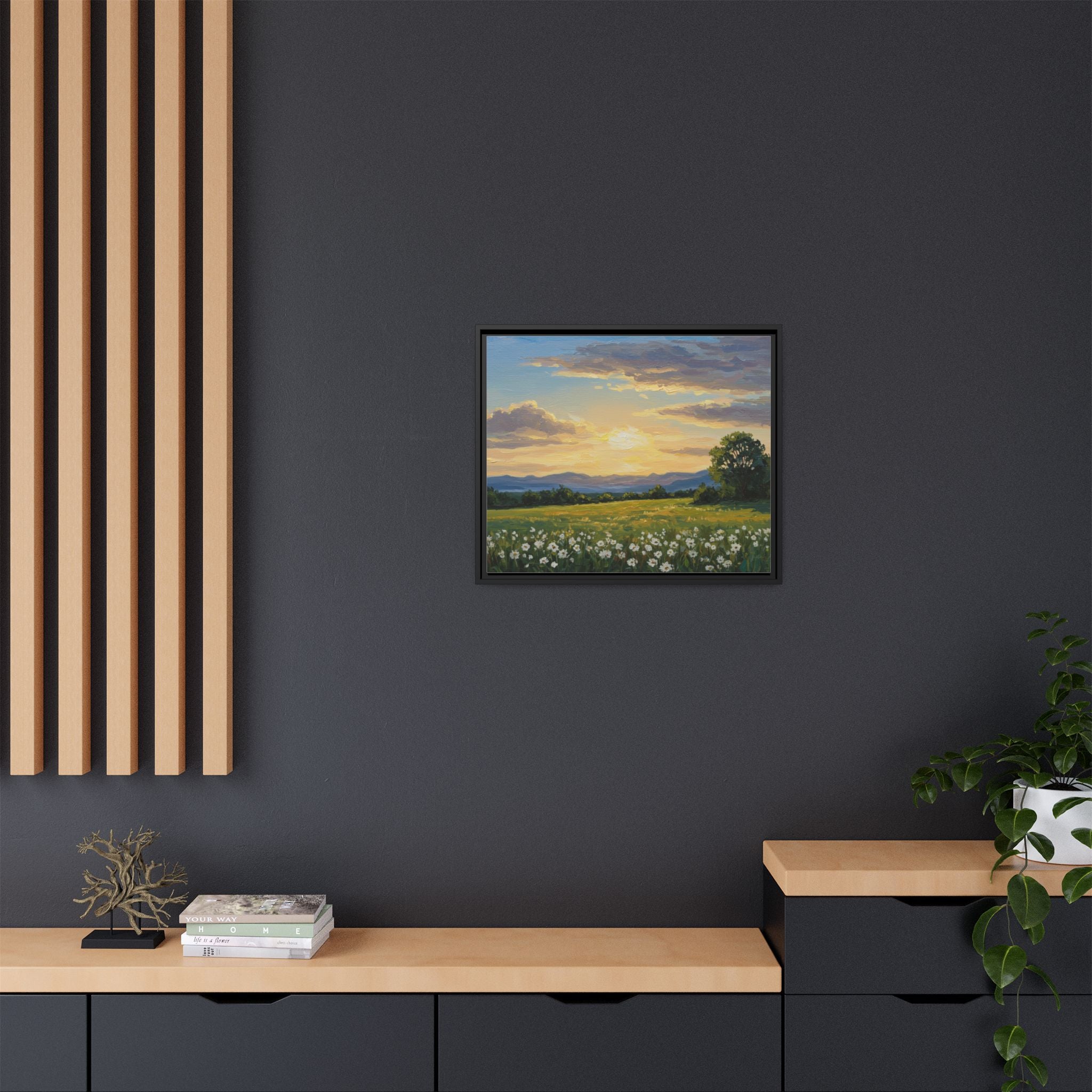 Framed Art Print, Landscape Wall Decor, Nature Artwork, Gift for Home, Floral Canvas, Sunset Scene, Living Room Decor