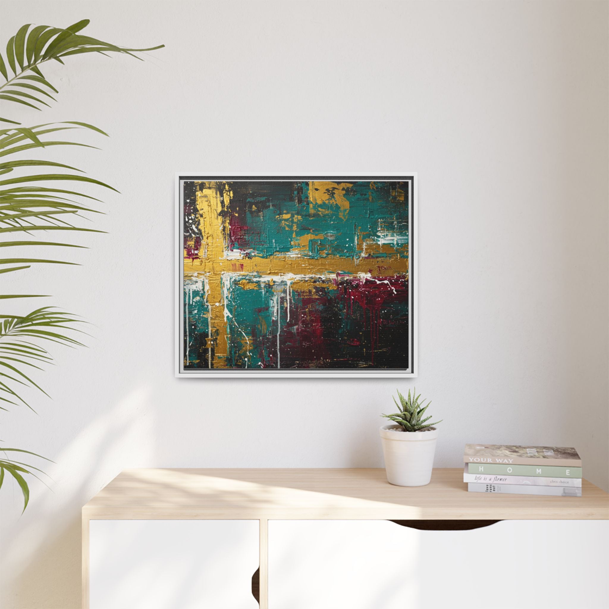 Cross of Light – Modern Christian Wall Art, Abstract Gold Cross Canvas, Faith-Inspired Home Decor, Matte Canvas, Framed (Multi-color)