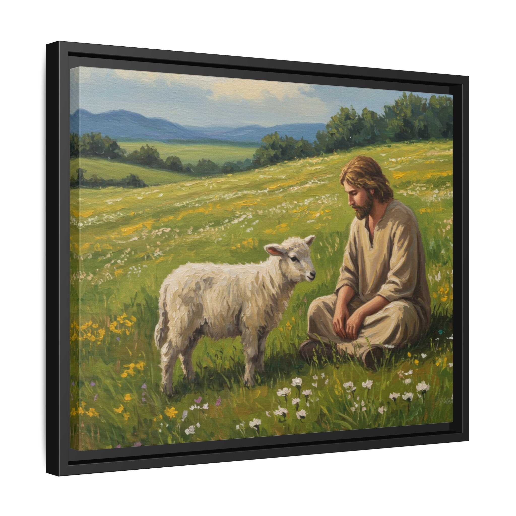 Framed Inspirational Canvas Art, Multi-color Jesus and Lamb Wall Decor, Faith-based Home Decoration, Scripture Wall Art, Christian Gift