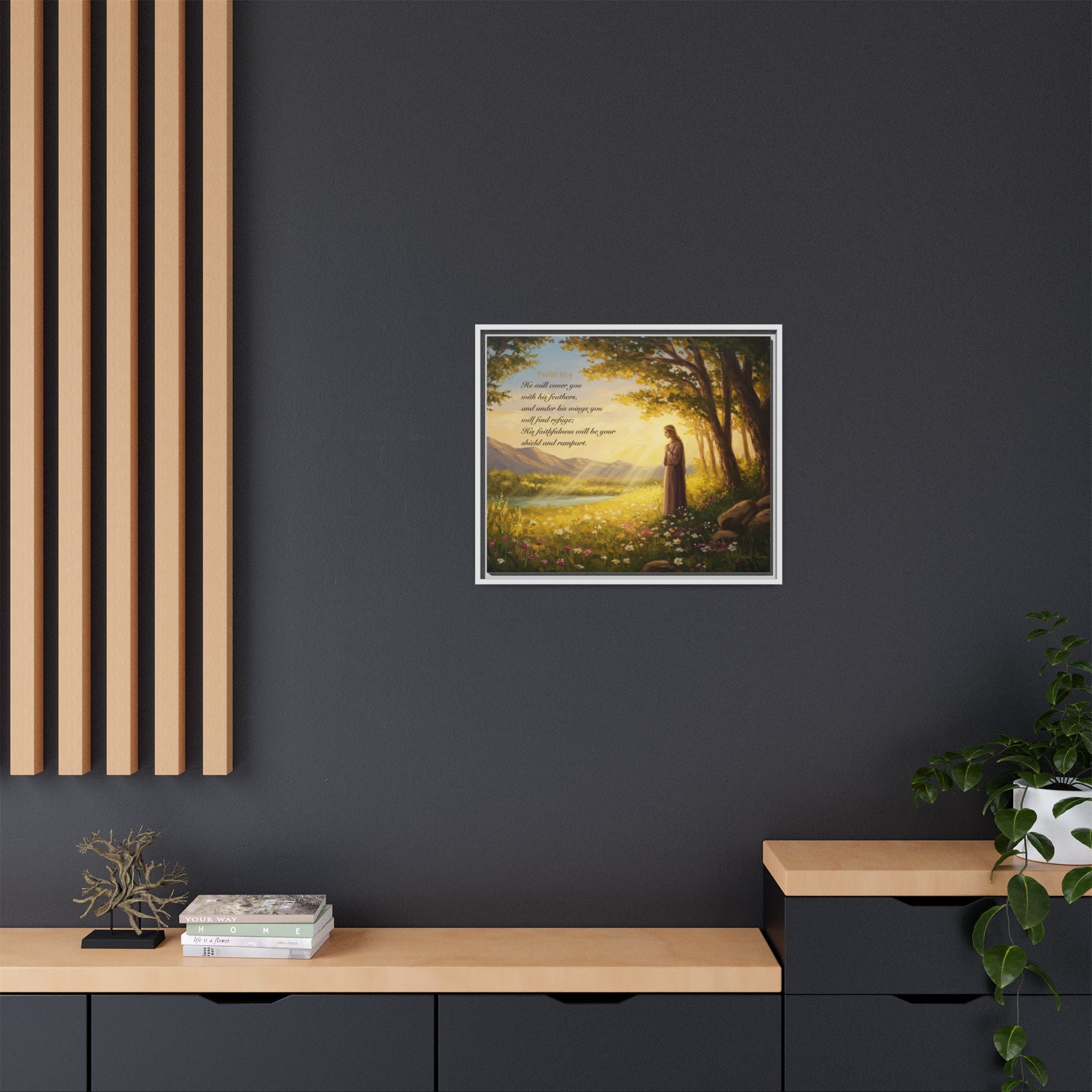 Framed Psalm 91:4 Wall Art, Inspirational Christian Canvas Print, Serenity Home Decor, Religious Gift Idea