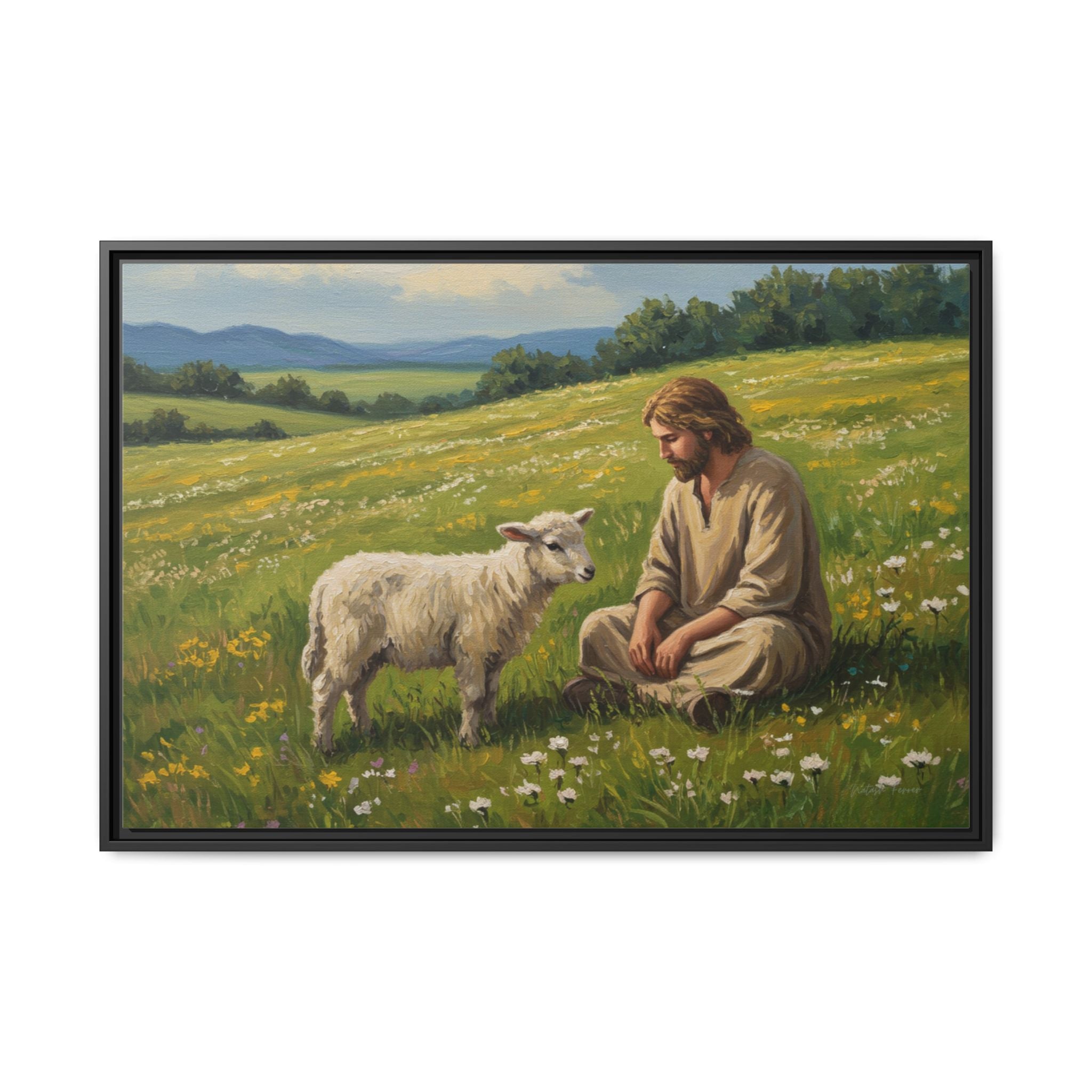 Framed Inspirational Canvas Art, Multi-color Jesus and Lamb Wall Decor, Faith-based Home Decoration, Scripture Wall Art, Christian Gift