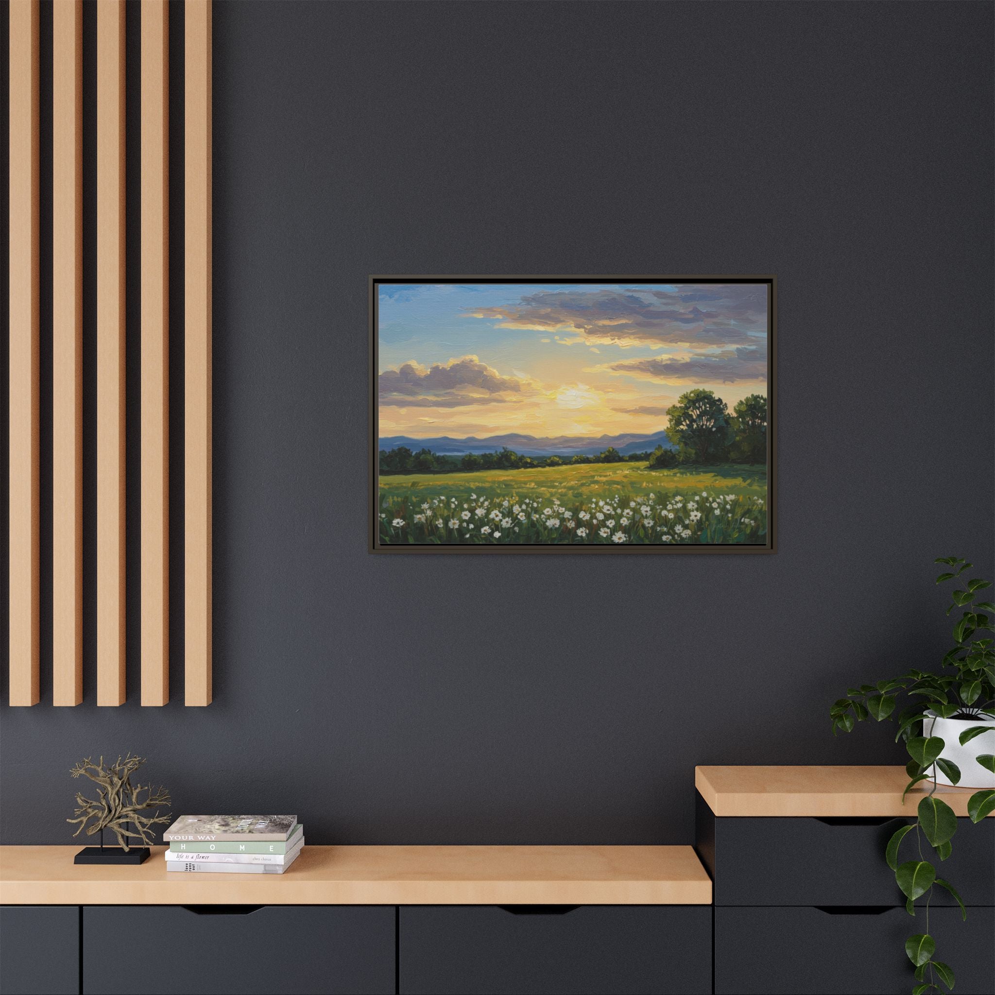 Framed Art Print, Landscape Wall Decor, Nature Artwork, Gift for Home, Floral Canvas, Sunset Scene, Living Room Decor