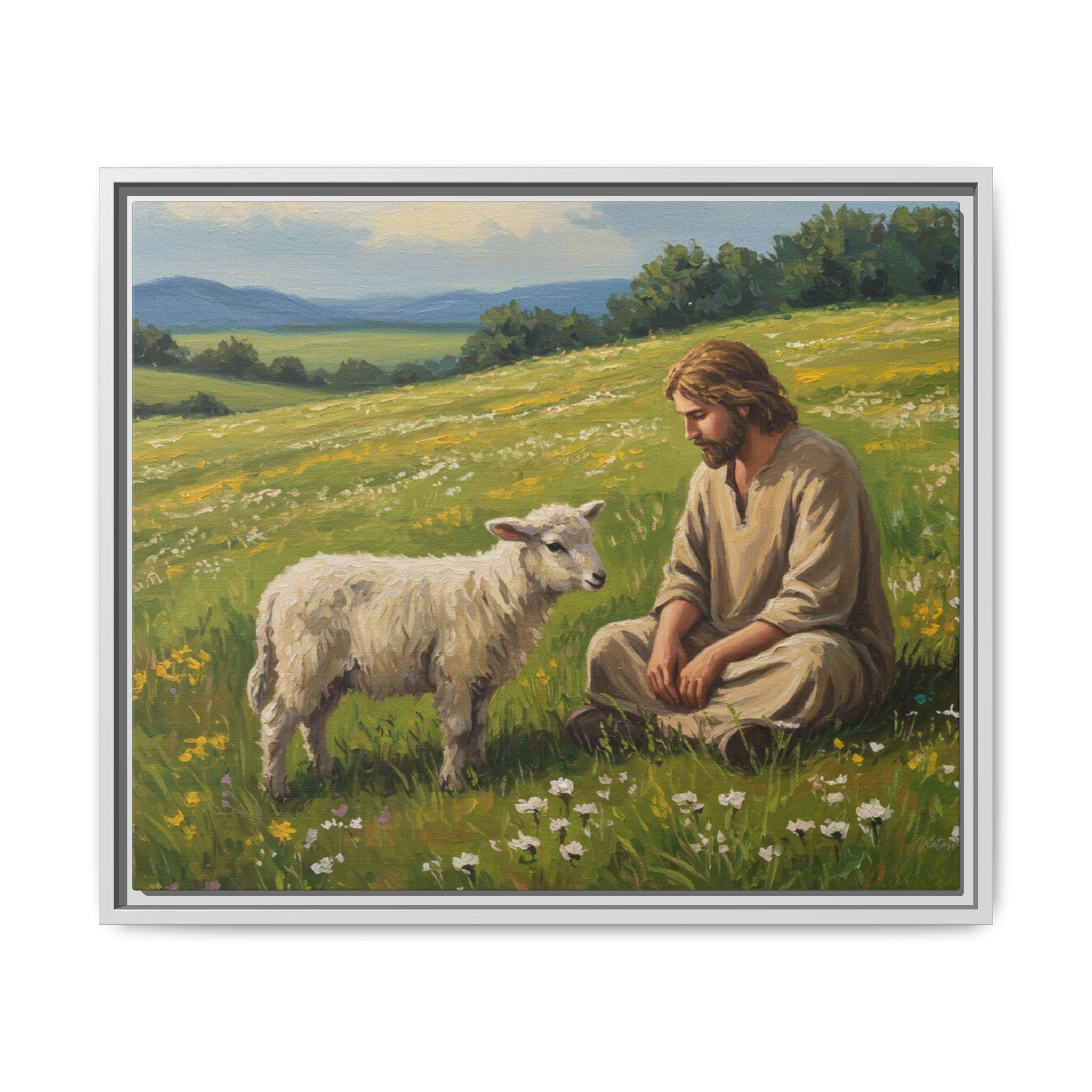 Framed Inspirational Canvas Art, Multi-color Jesus and Lamb Wall Decor, Faith-based Home Decoration, Scripture Wall Art, Christian Gift