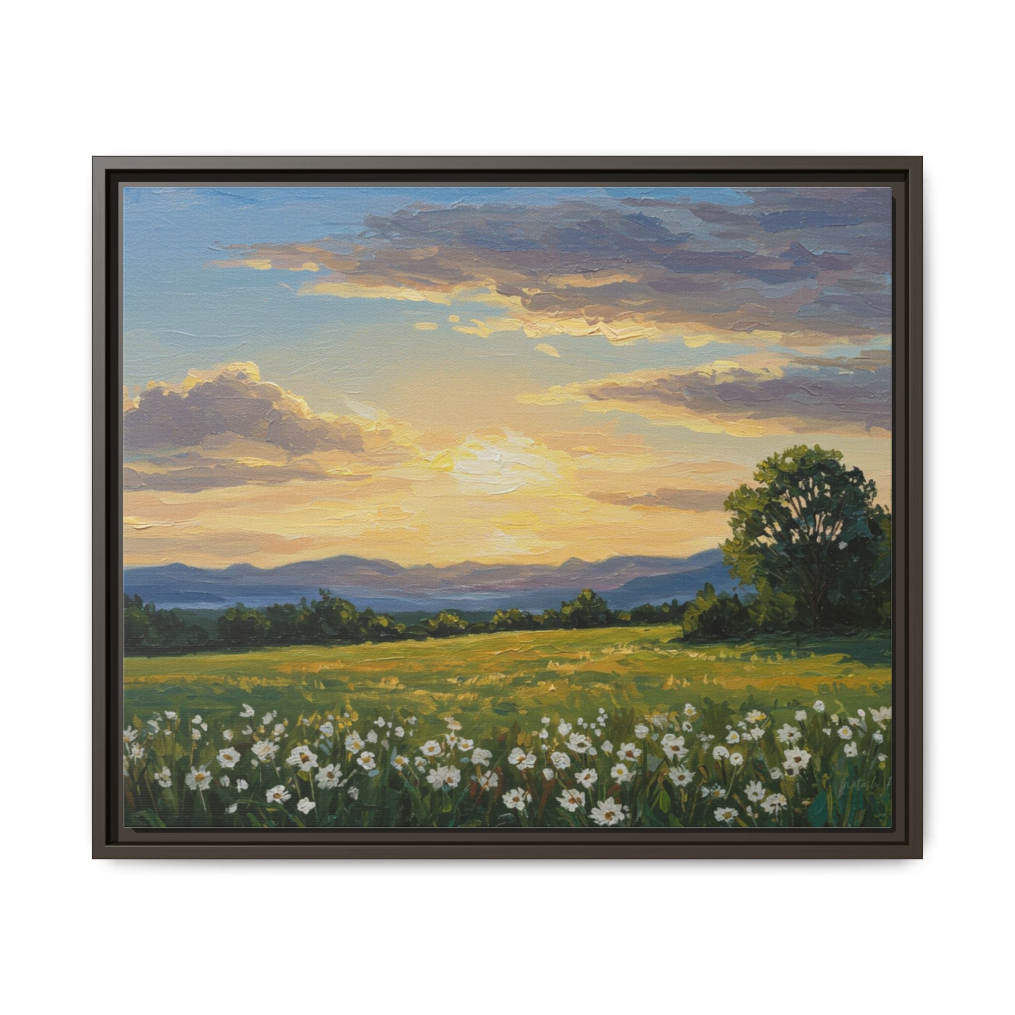 Framed Art Print, Landscape Wall Decor, Nature Artwork, Gift for Home, Floral Canvas, Sunset Scene, Living Room Decor