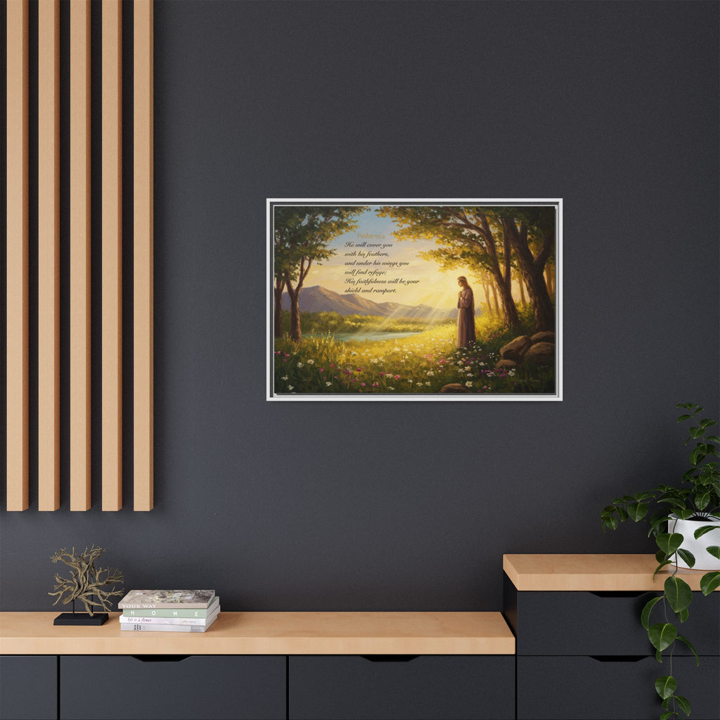 Framed Psalm 91:4 Wall Art, Inspirational Christian Canvas Print, Serenity Home Decor, Religious Gift Idea