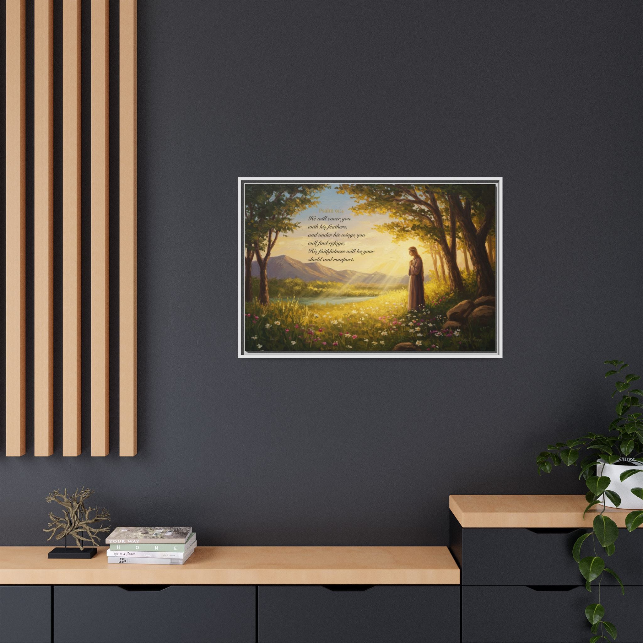 Framed Psalm 91:4 Wall Art, Inspirational Christian Canvas Print, Serenity Home Decor, Religious Gift Idea