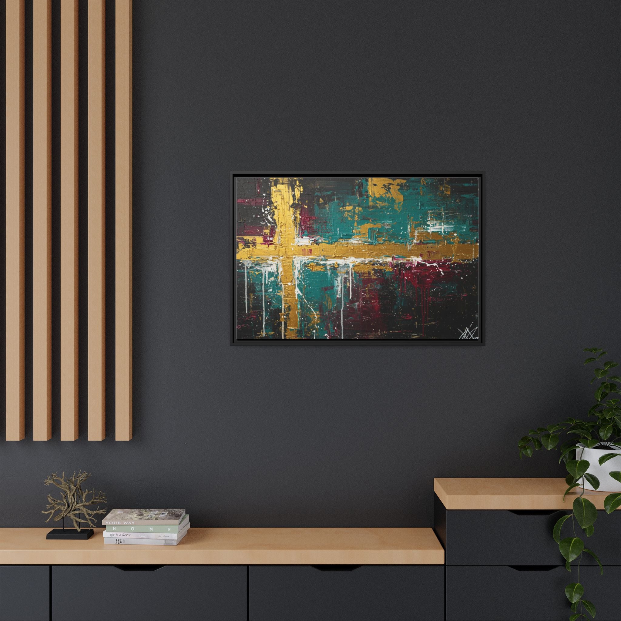 Cross of Light – Modern Christian Wall Art, Abstract Gold Cross Canvas, Faith-Inspired Home Decor, Matte Canvas, Framed (Multi-color)