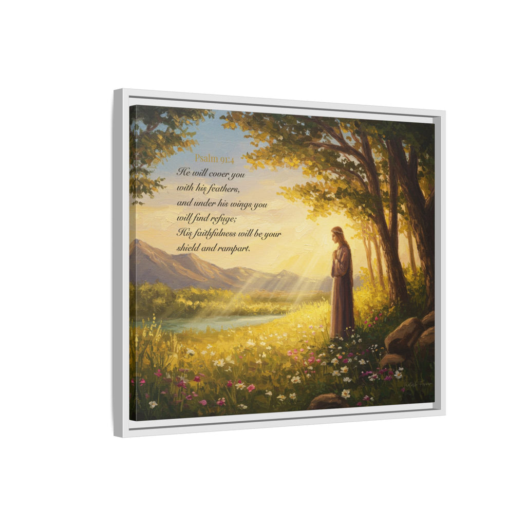 Framed Psalm 91:4 Wall Art, Inspirational Christian Canvas Print, Serenity Home Decor, Religious Gift Idea