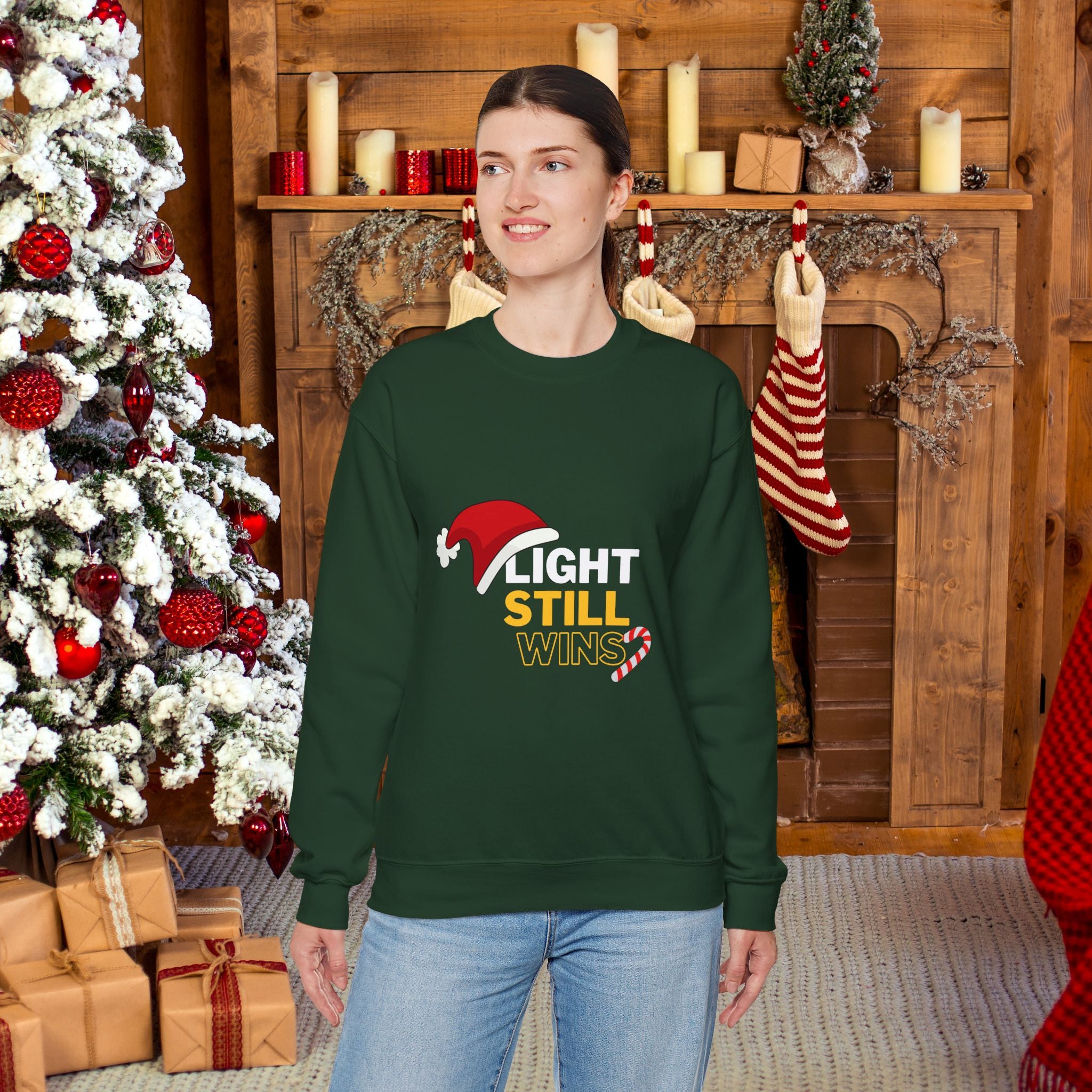 Festive Holiday Sweatshirt with 'LIGHT STILL WINS' Design, Cozy Winter Wear, Perfect for Christmas, Gifts, Casual Look, Unisex Sweater