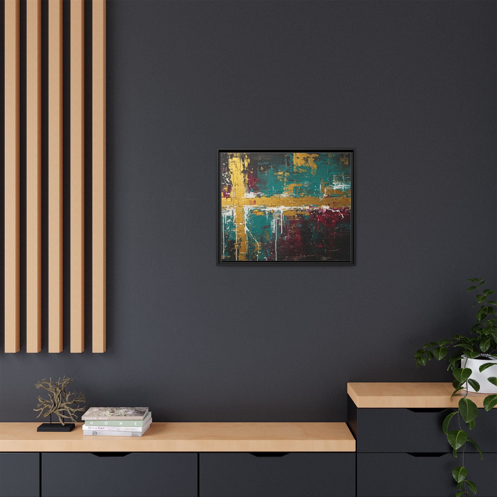 Cross of Light – Modern Christian Wall Art, Abstract Gold Cross Canvas, Faith-Inspired Home Decor, Matte Canvas, Framed (Multi-color)