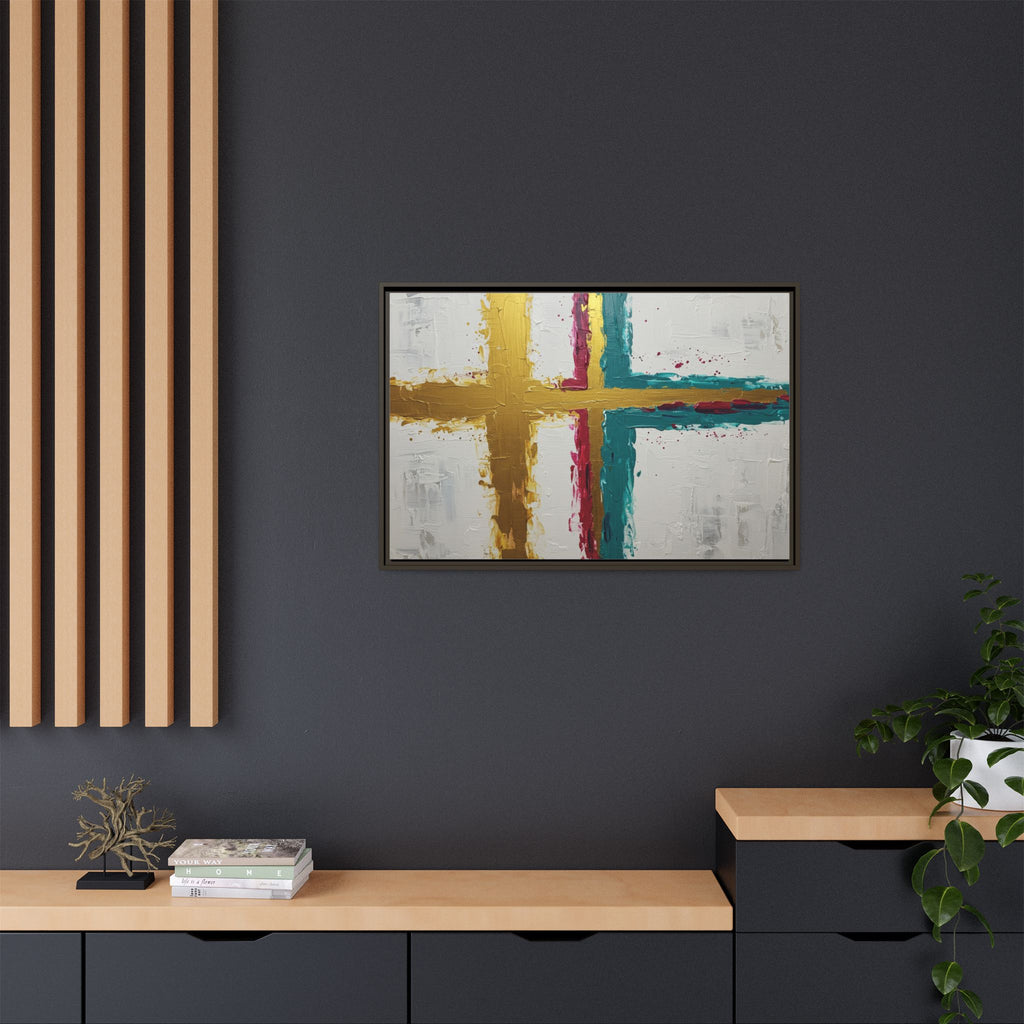 Golden Harmony – Modern Abstract Cross Canvas, Faith-Inspired Christian Wall Art, Contemporary Home Decor, Framed Matte Canvas Art , Unique Gift for Faith Lovers.