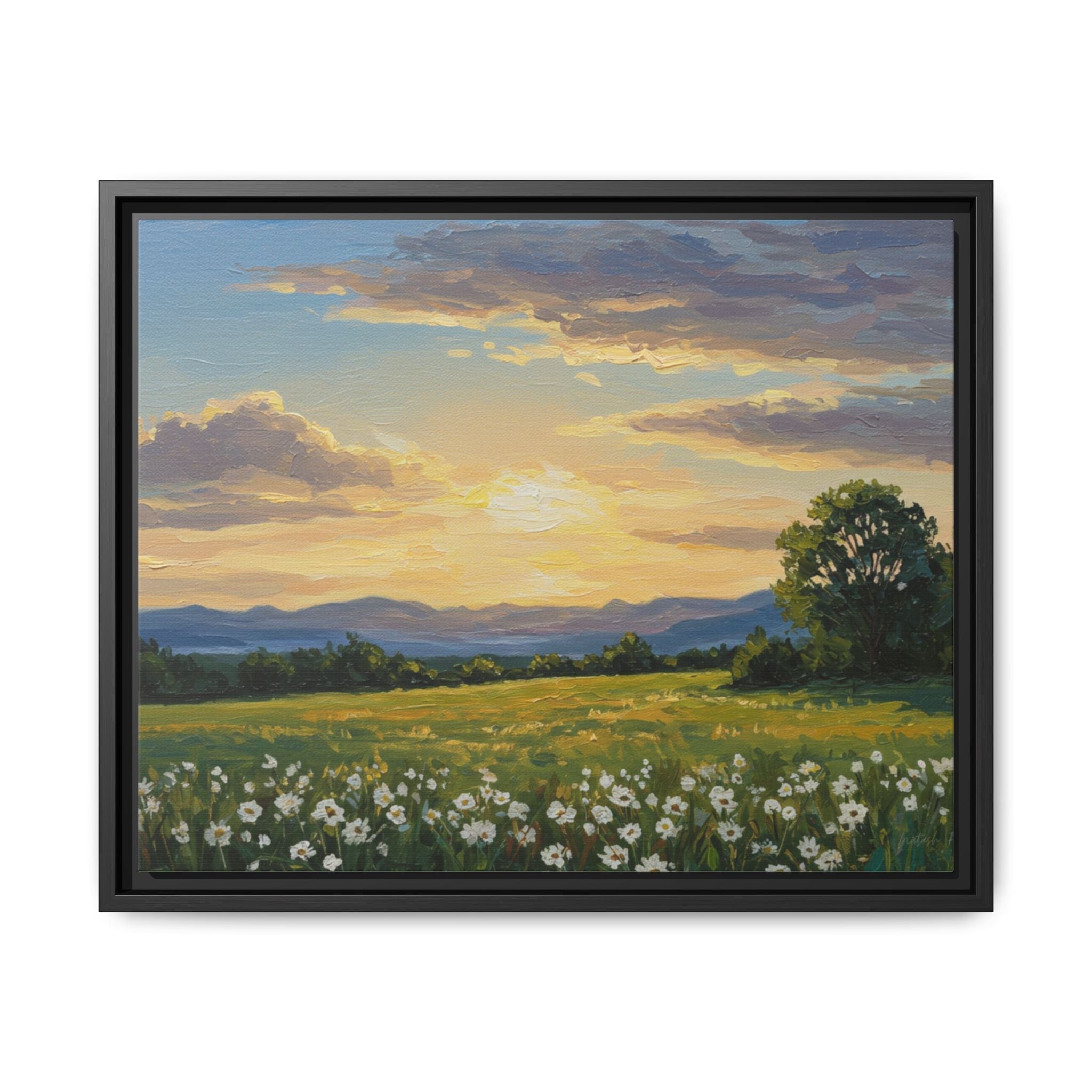 Framed Art Print, Landscape Wall Decor, Nature Artwork, Gift for Home, Floral Canvas, Sunset Scene, Living Room Decor