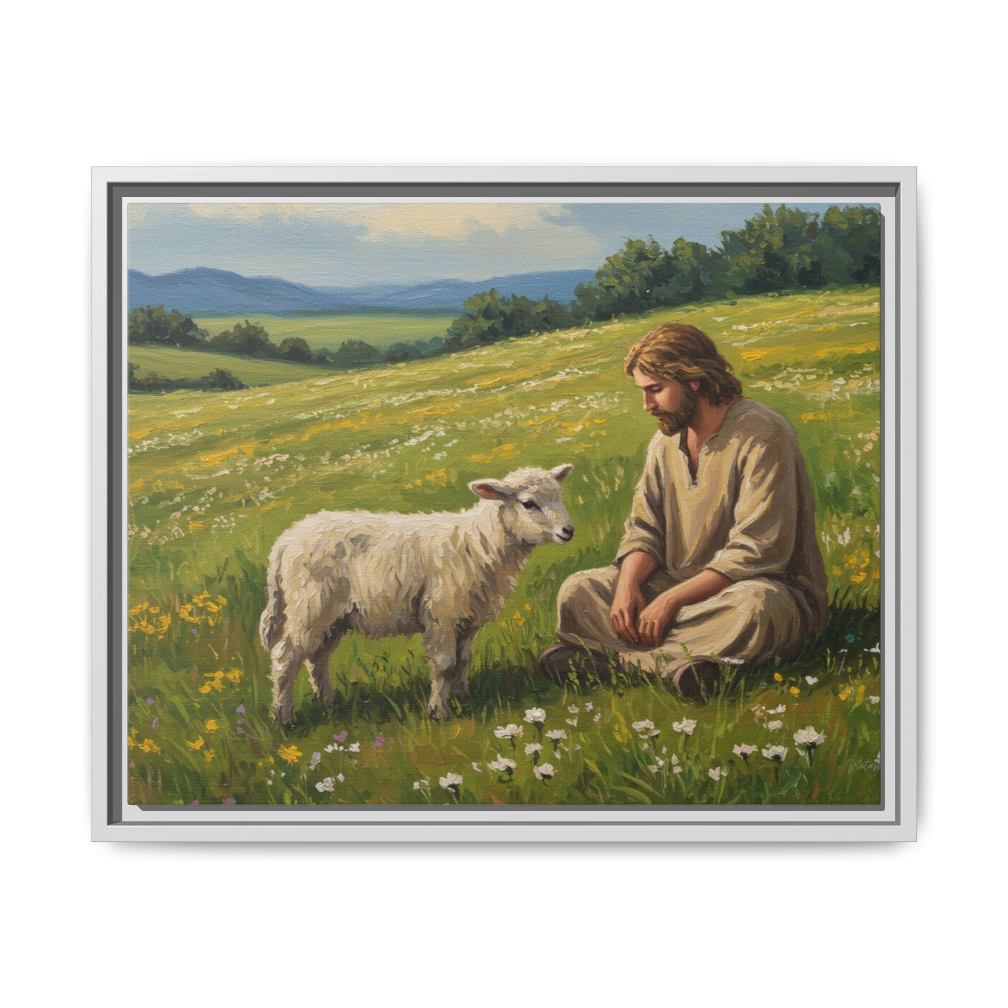 Framed Inspirational Canvas Art, Multi-color Jesus and Lamb Wall Decor, Faith-based Home Decoration, Scripture Wall Art, Christian Gift