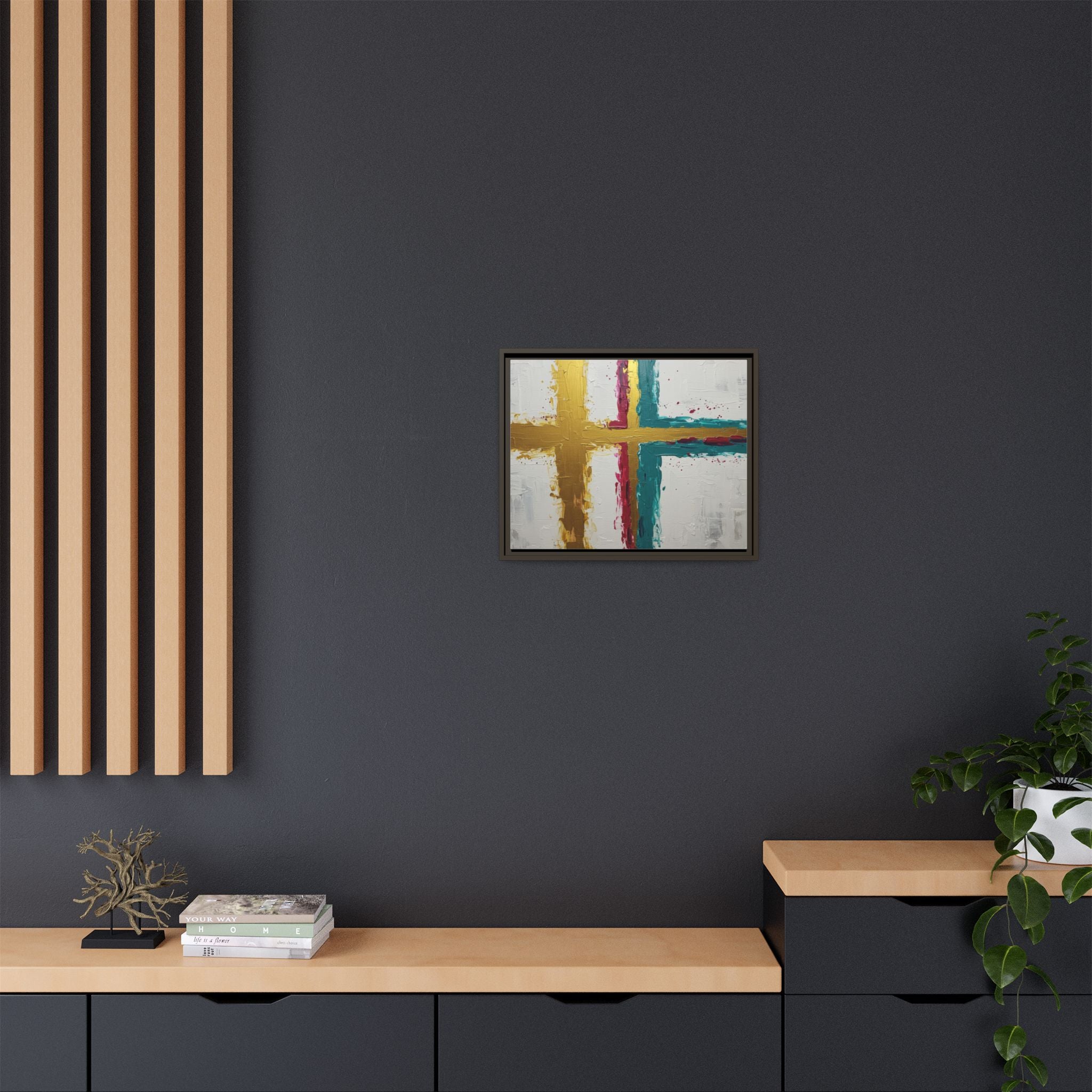 Golden Harmony – Modern Abstract Cross Canvas, Faith-Inspired Christian Wall Art, Contemporary Home Decor, Framed Matte Canvas Art , Unique Gift for Faith Lovers.