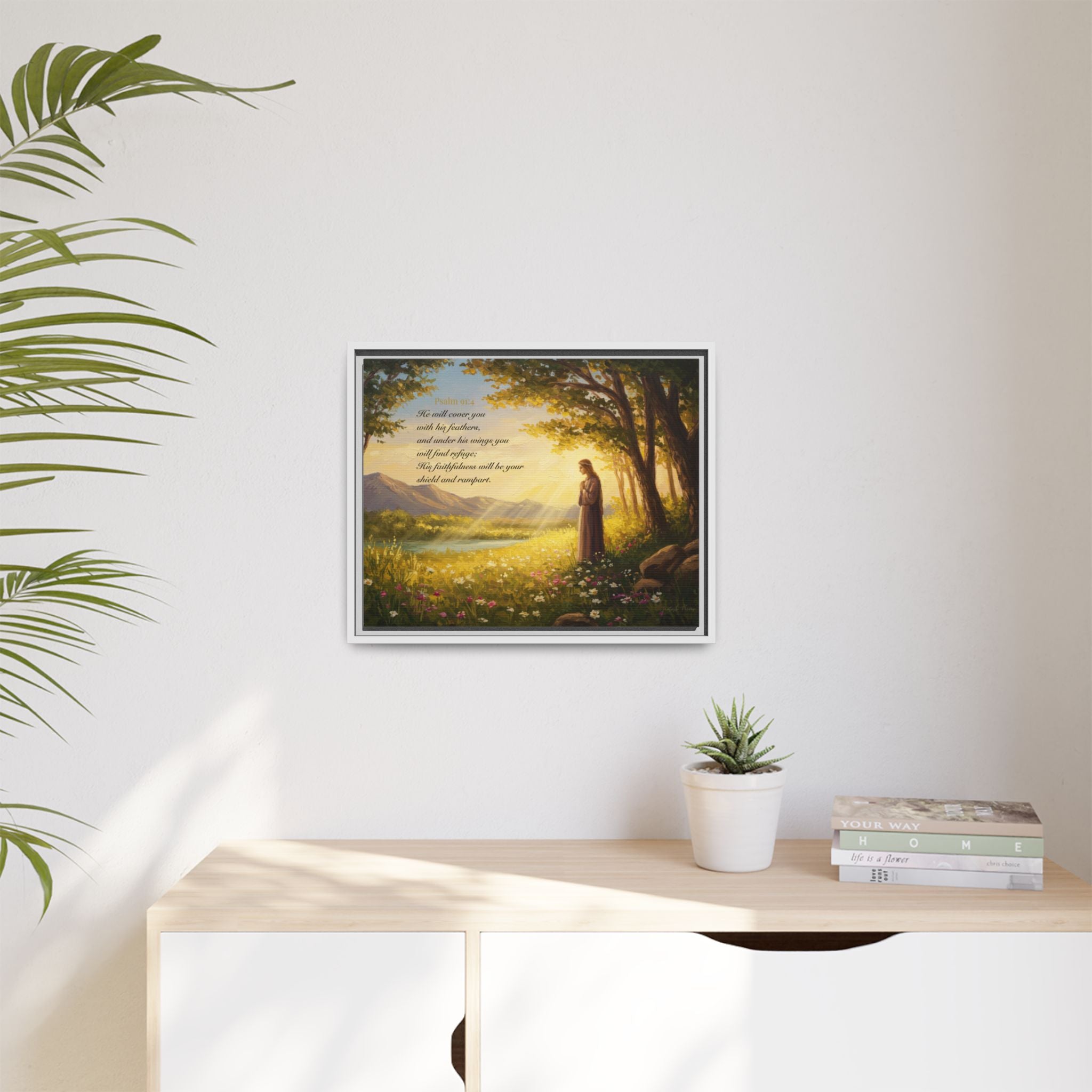 Framed Psalm 91:4 Wall Art, Inspirational Christian Canvas Print, Serenity Home Decor, Religious Gift Idea