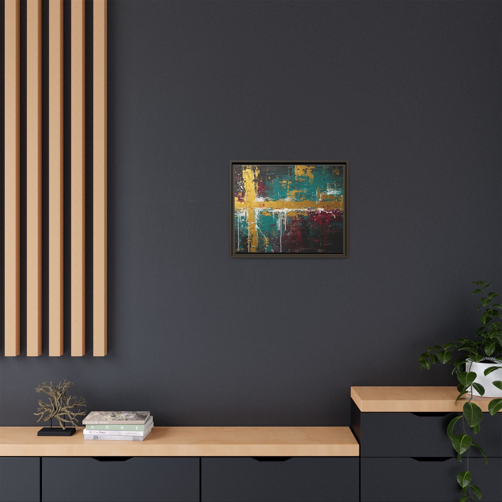 Cross of Light – Modern Christian Wall Art, Abstract Gold Cross Canvas, Faith-Inspired Home Decor, Matte Canvas, Framed (Multi-color)