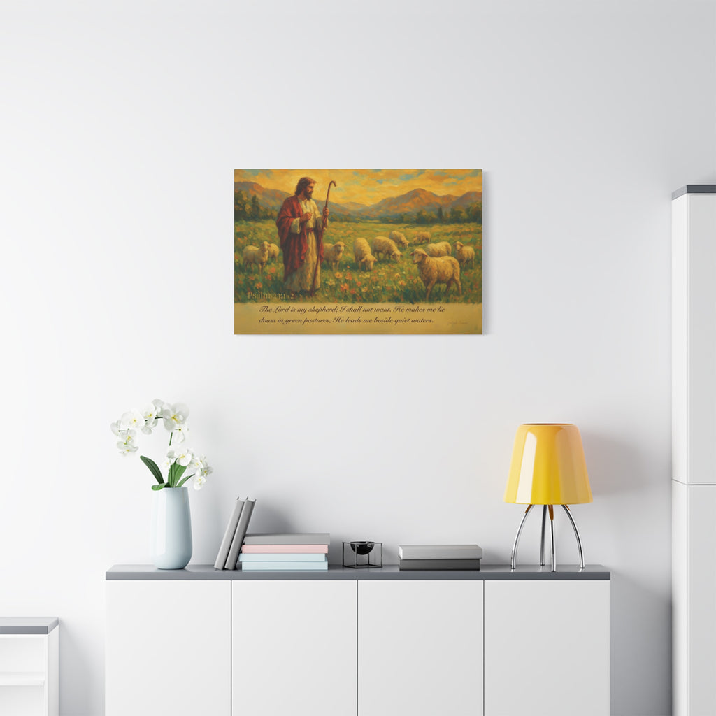 Psalm 23 Matte Canvas Art, Stretched Wall Decor for Home, Inspirational Christian Artwork, Shepherd Painting, Faith-Based Gift
