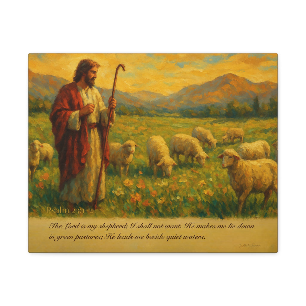 Psalm 23 Matte Canvas Art, Stretched Wall Decor for Home, Inspirational Christian Artwork, Shepherd Painting, Faith-Based Gift