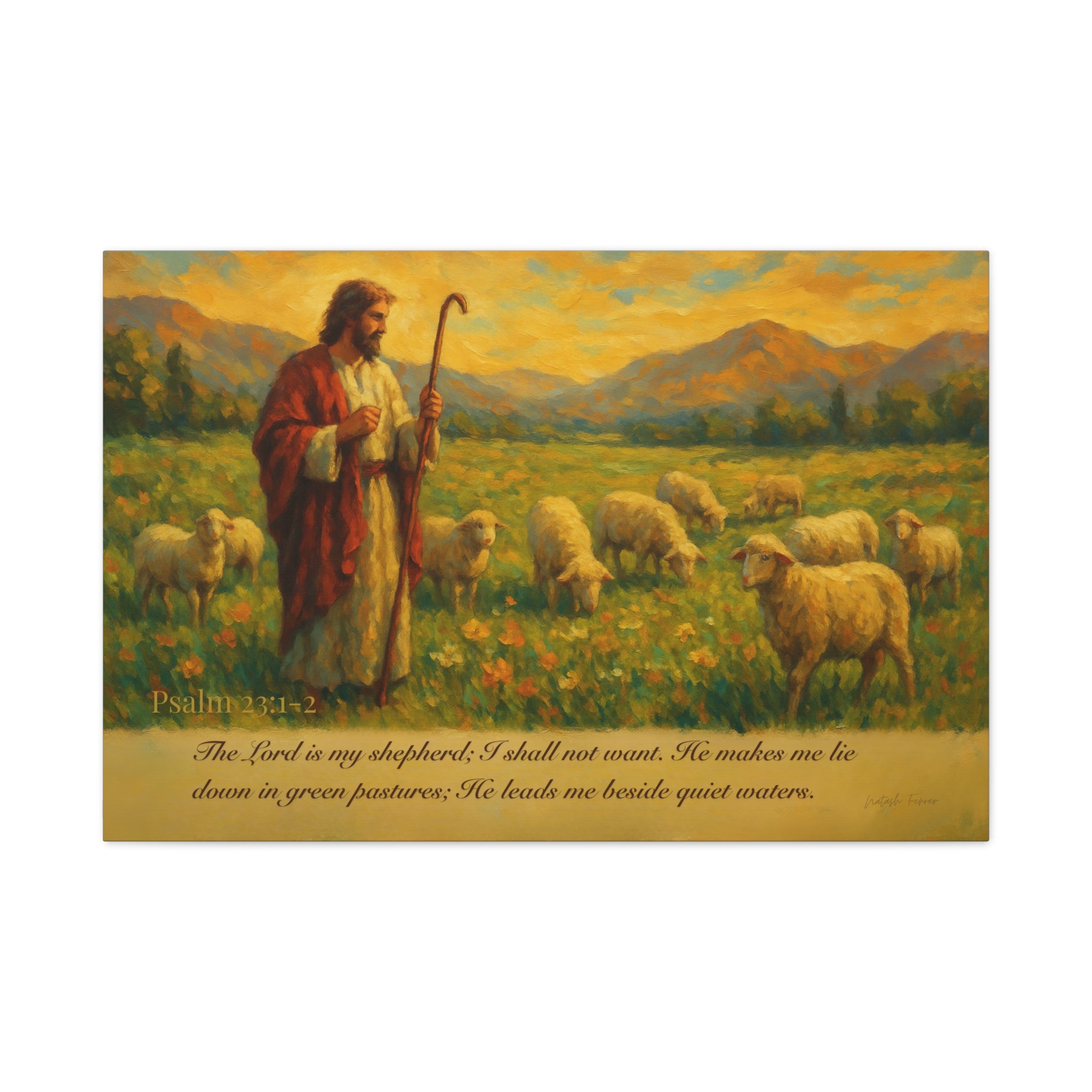 Psalm 23 Matte Canvas Art, Stretched Wall Decor for Home, Inspirational Christian Artwork, Shepherd Painting, Faith-Based Gift