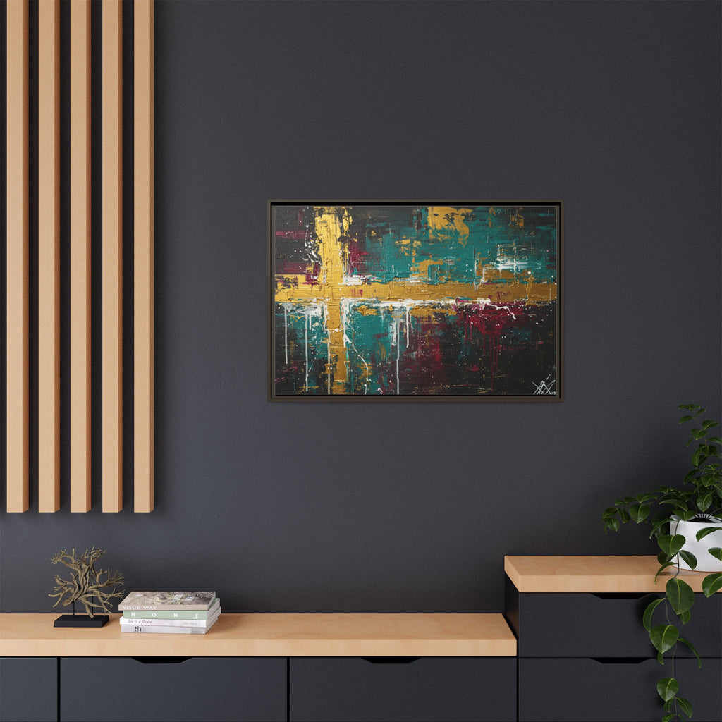 Cross of Light – Modern Christian Wall Art, Abstract Gold Cross Canvas, Faith-Inspired Home Decor, Matte Canvas, Framed (Multi-color)