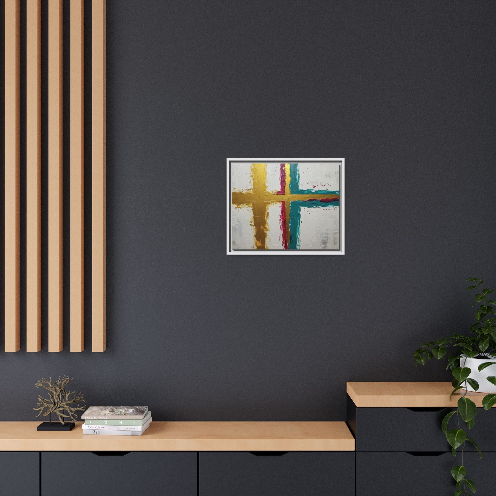 Golden Harmony – Modern Abstract Cross Canvas, Faith-Inspired Christian Wall Art, Contemporary Home Decor, Framed Matte Canvas Art , Unique Gift for Faith Lovers.