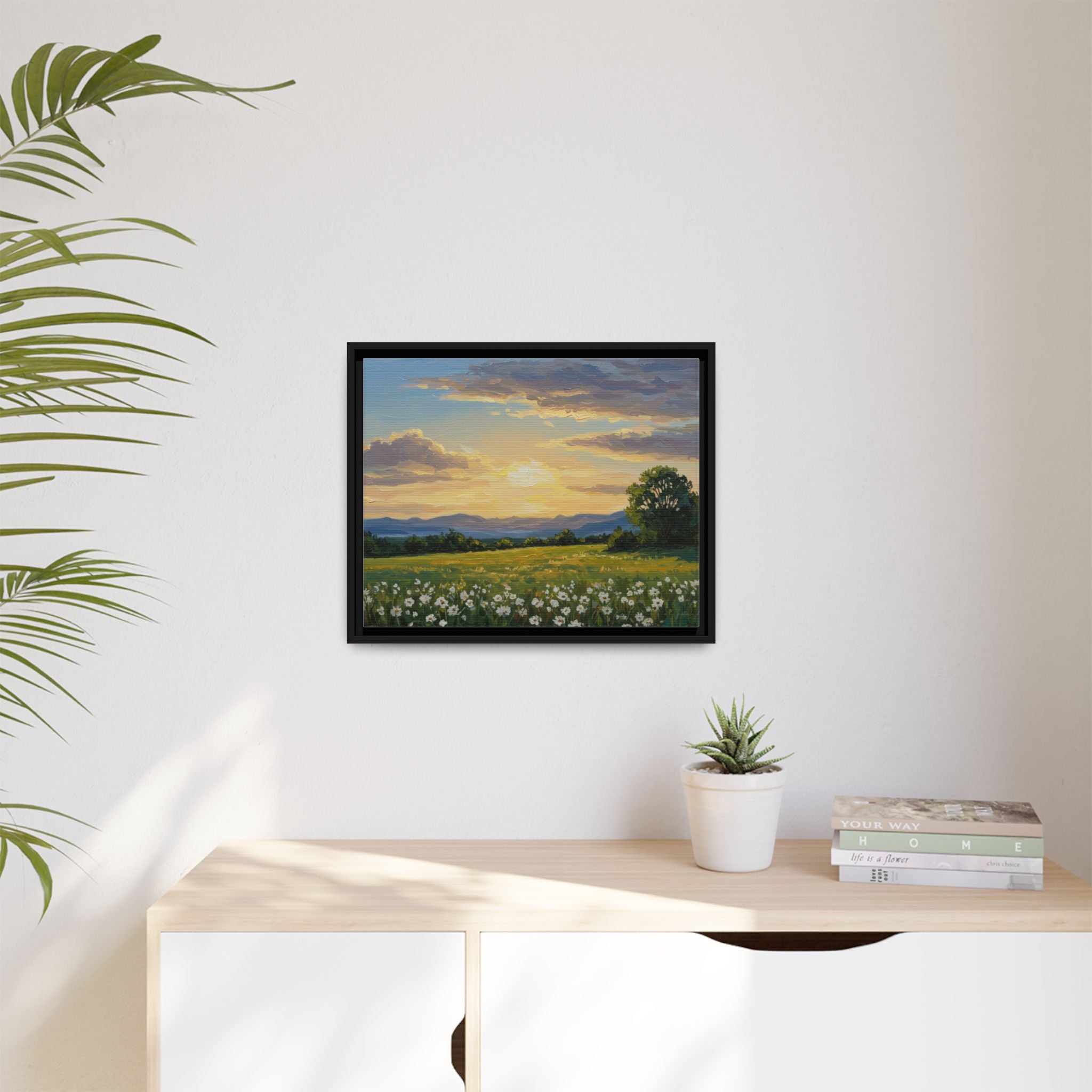 Framed Art Print, Landscape Wall Decor, Nature Artwork, Gift for Home, Floral Canvas, Sunset Scene, Living Room Decor