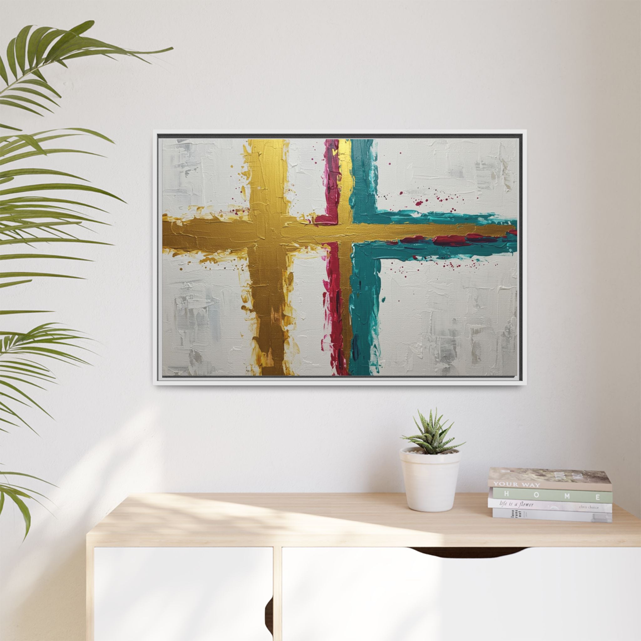 Golden Harmony – Modern Abstract Cross Canvas, Faith-Inspired Christian Wall Art, Contemporary Home Decor, Framed Matte Canvas Art , Unique Gift for Faith Lovers.