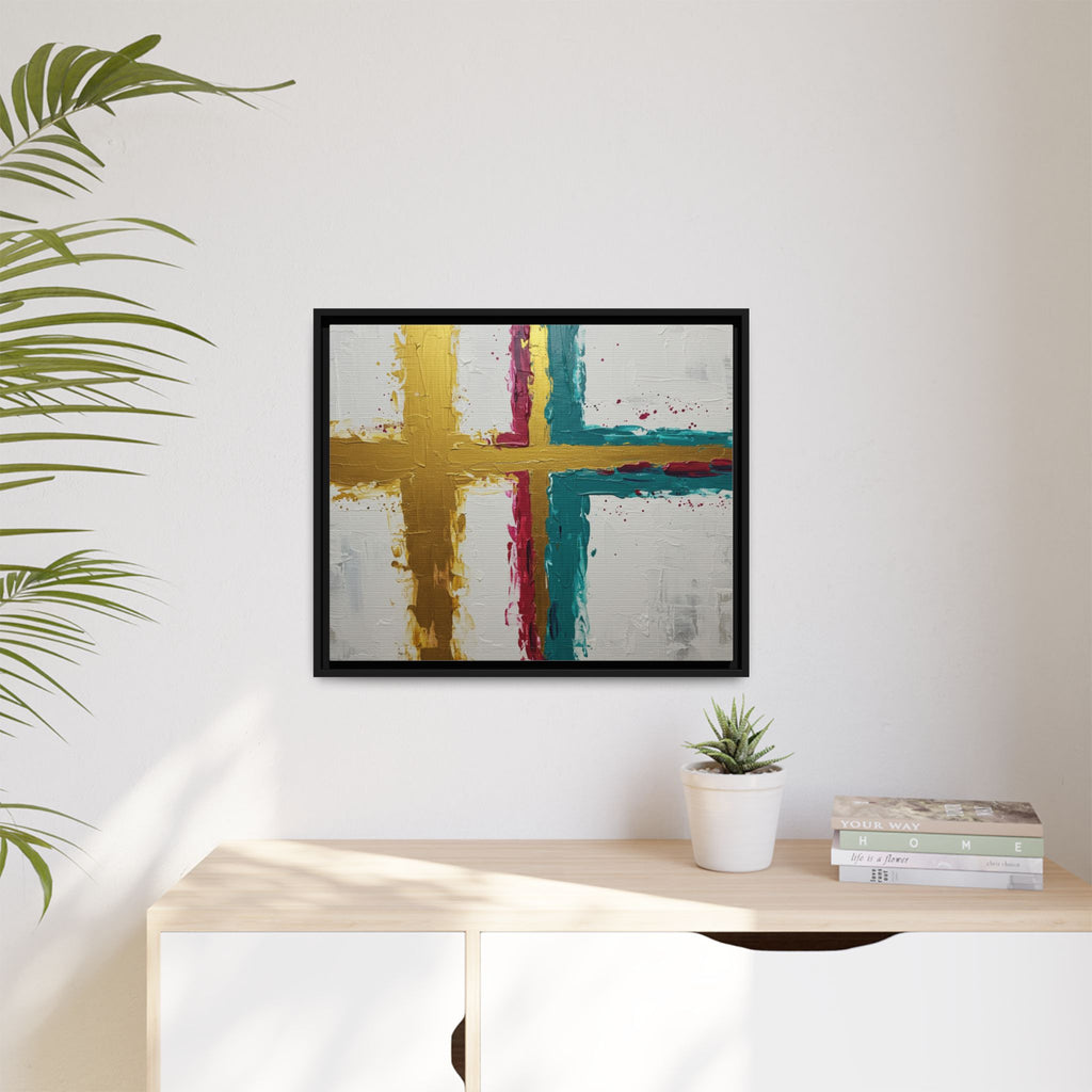 Golden Harmony – Modern Abstract Cross Canvas, Faith-Inspired Christian Wall Art, Contemporary Home Decor, Framed Matte Canvas Art , Unique Gift for Faith Lovers.